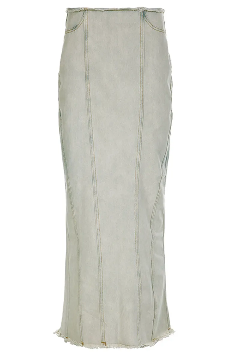 BD1036 Frayed Denim Maxi Skirt