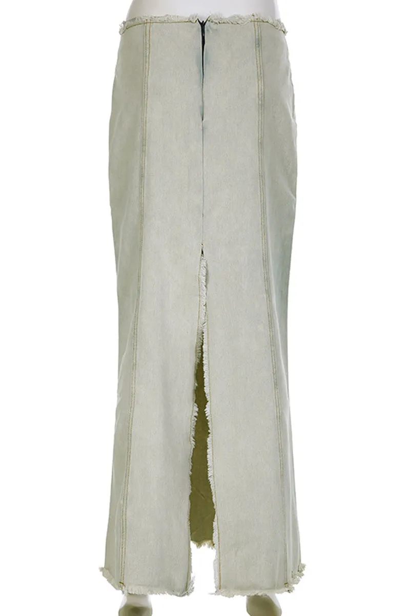 BD1036 Frayed Denim Maxi Skirt