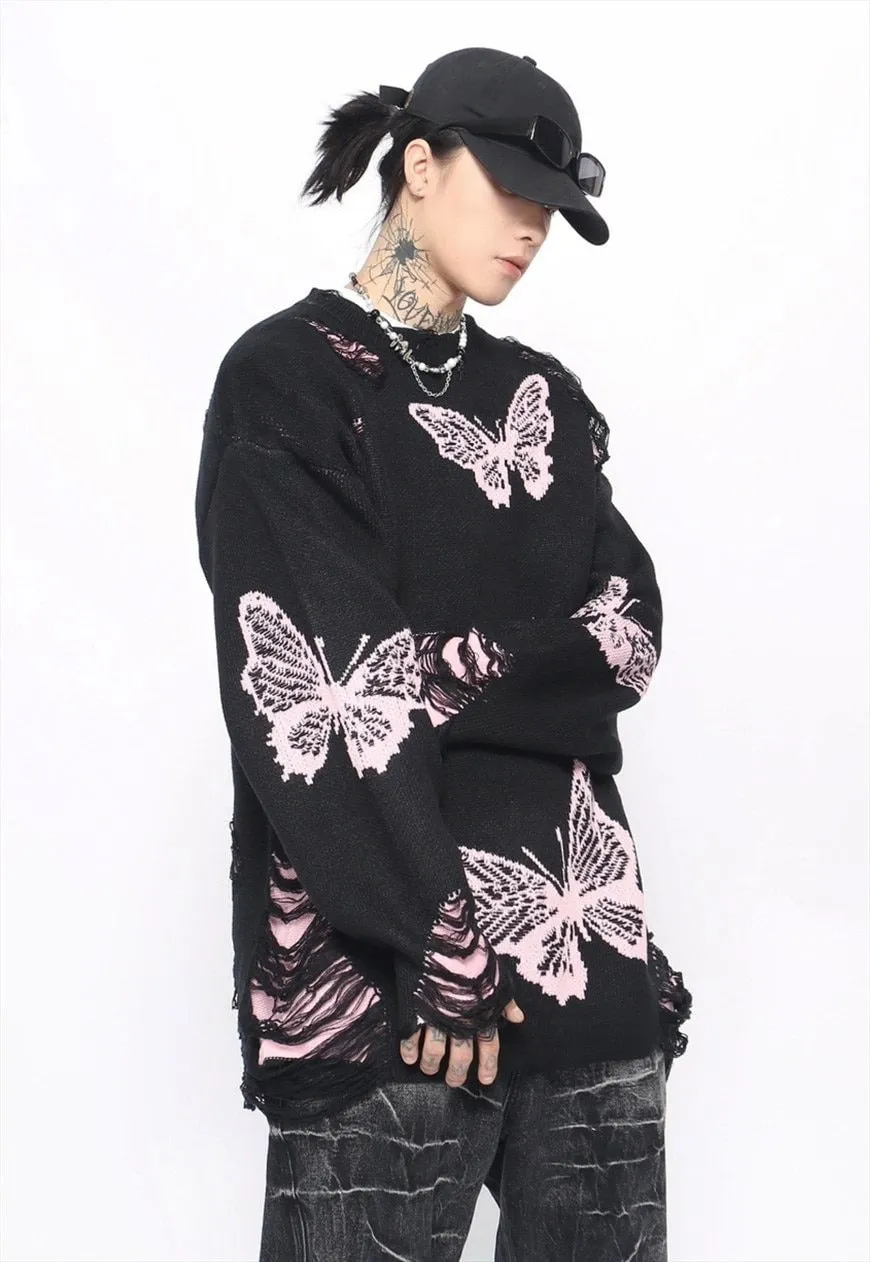 Butterfly sweater black pink ripped gothic jumper grunge top
