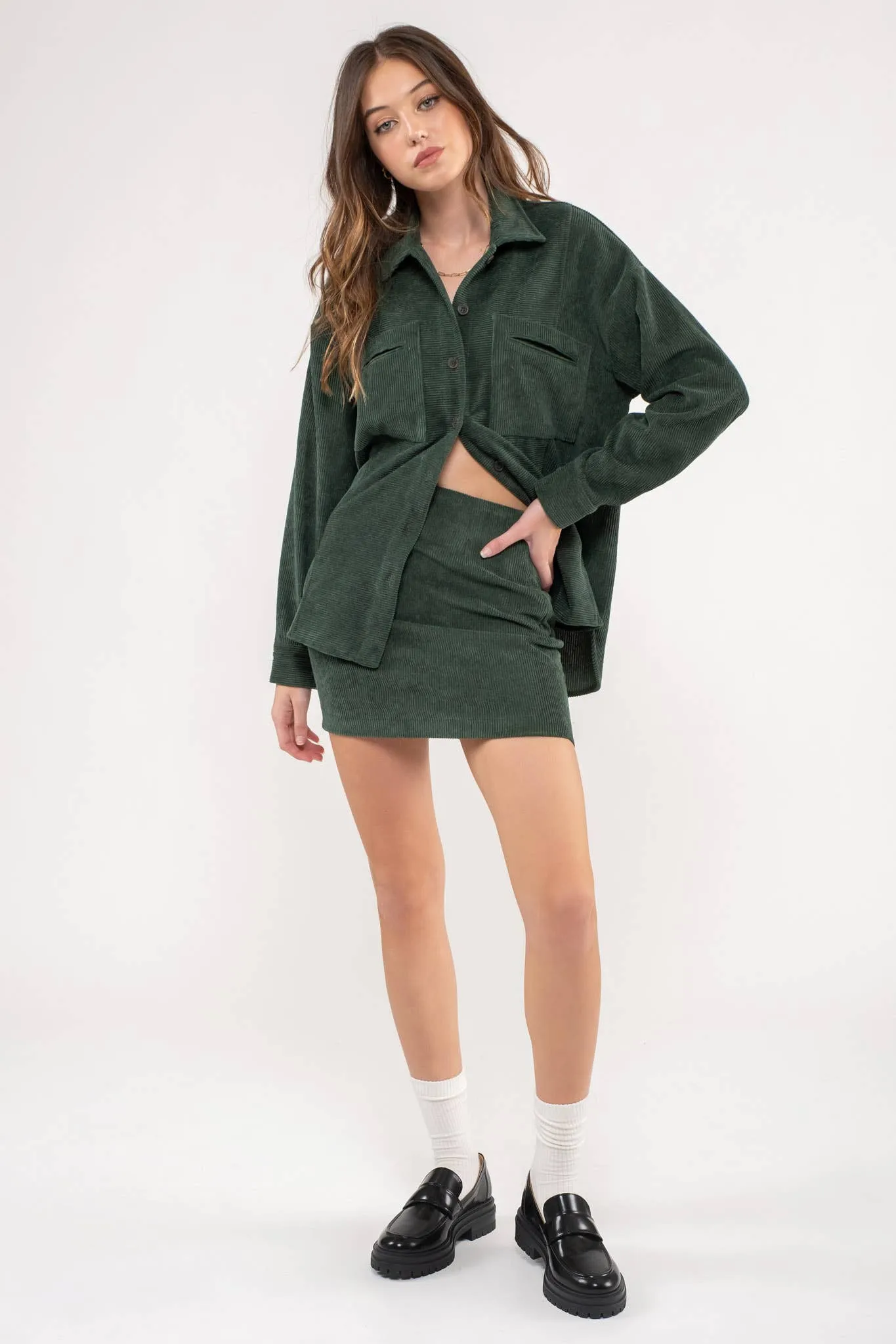 Corduroy Button Up Shacket (Hunter)