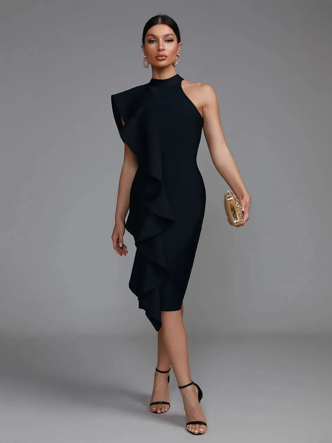 Elegant Black Ruffle Midi Bodycon Dress
