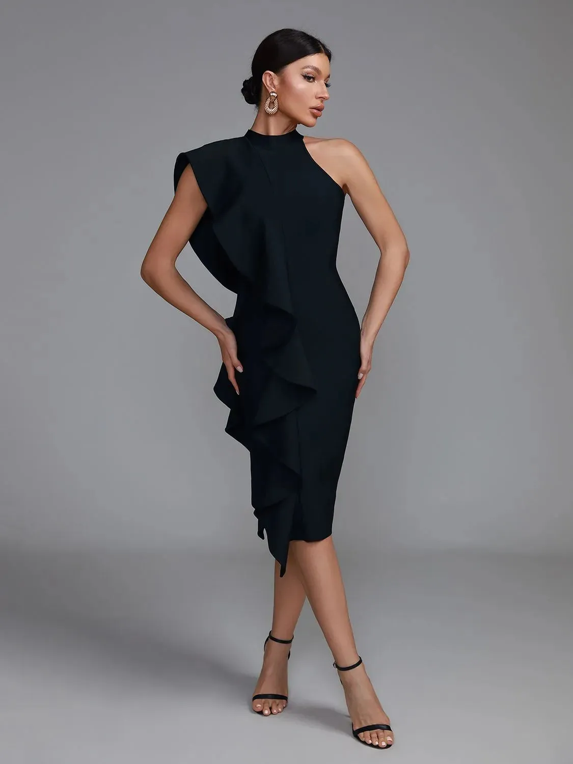 Elegant Black Ruffle Midi Bodycon Dress