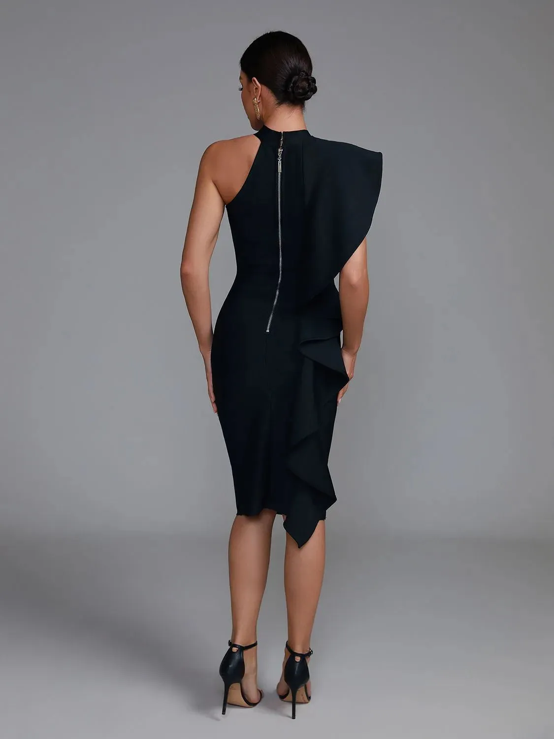 Elegant Black Ruffle Midi Bodycon Dress