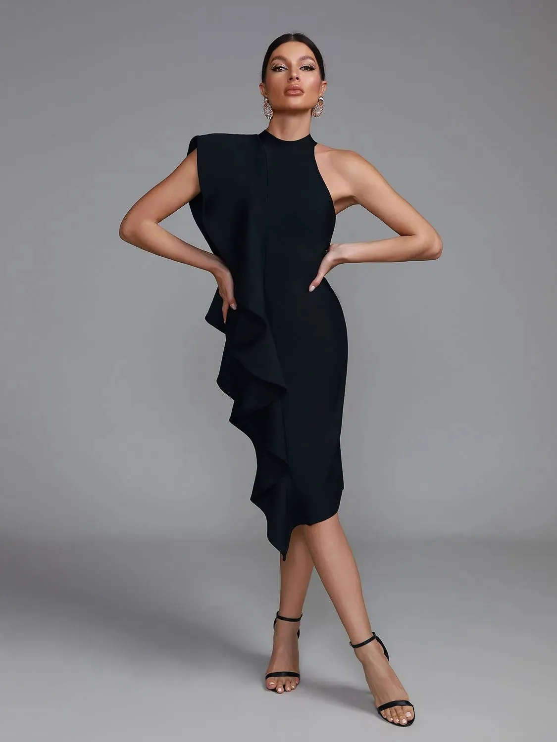 Elegant Black Ruffle Midi Bodycon Dress