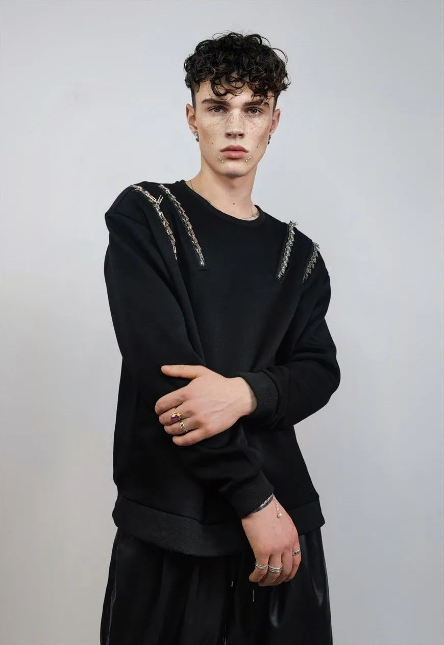 Futuristic gothic sweatshirt extreme zipper jumper in black