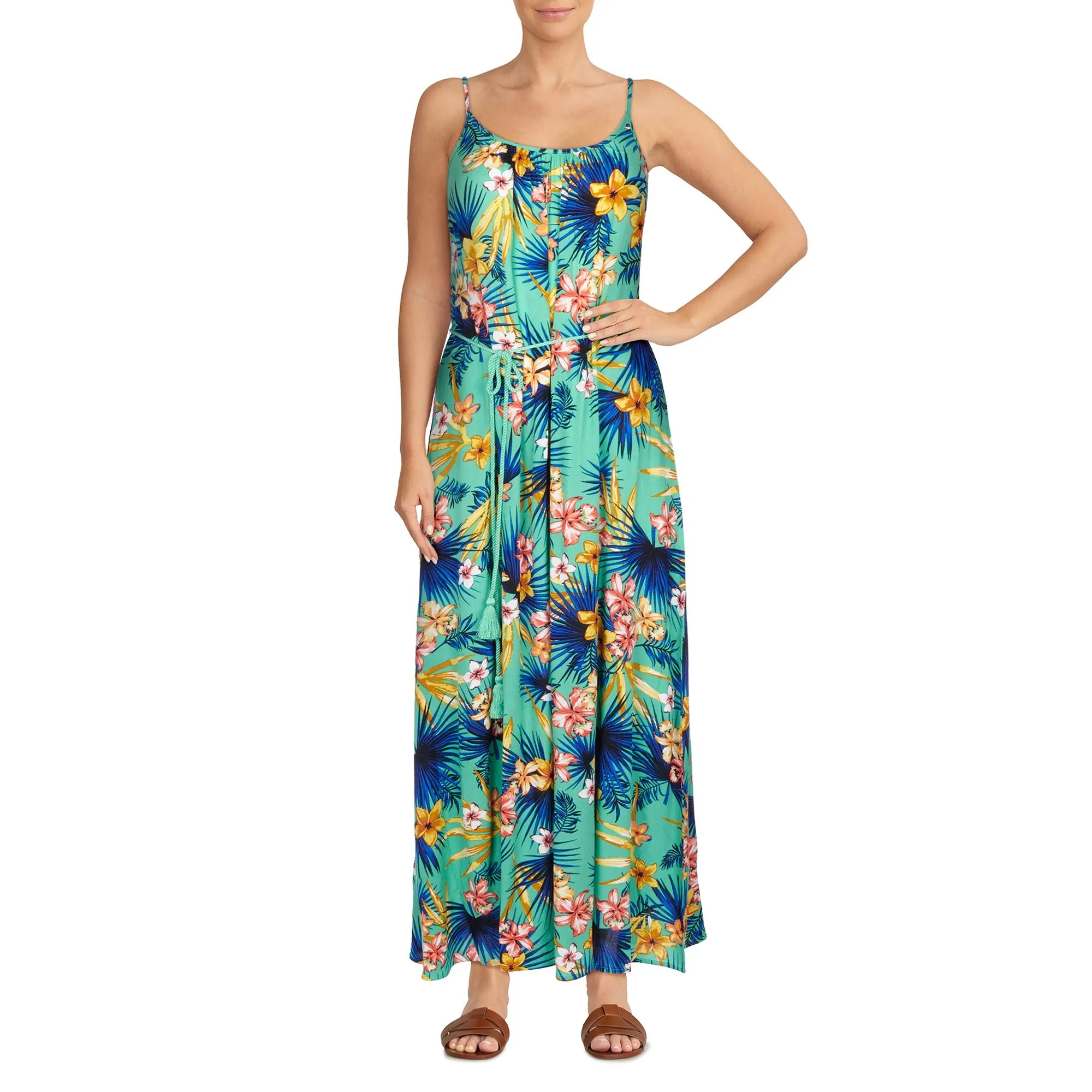 lily morgan Women's Tropical Printed Crinkle Maxi Dress with Rope Belt