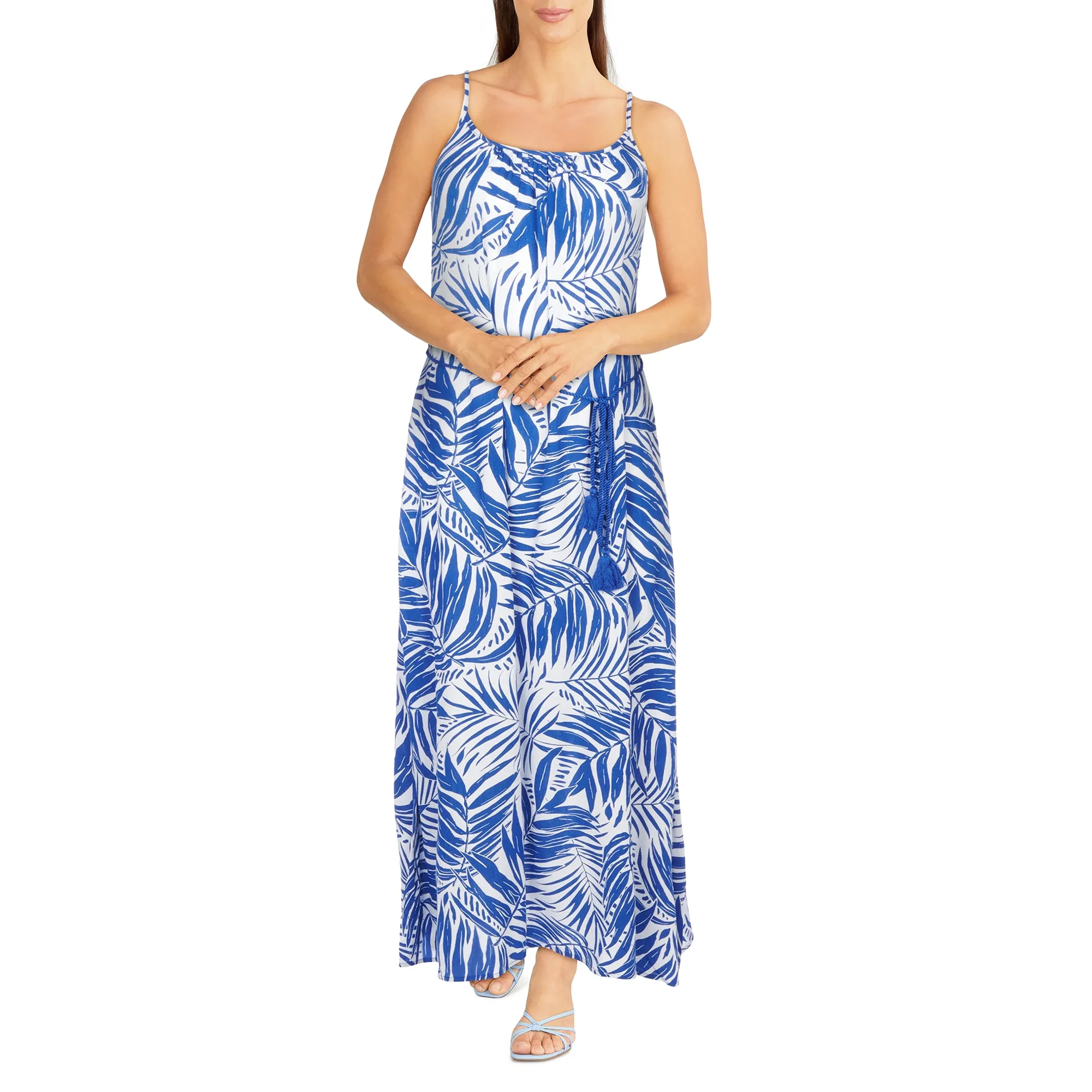 lily morgan Women's Tropical Printed Crinkle Maxi Dress with Rope Belt
