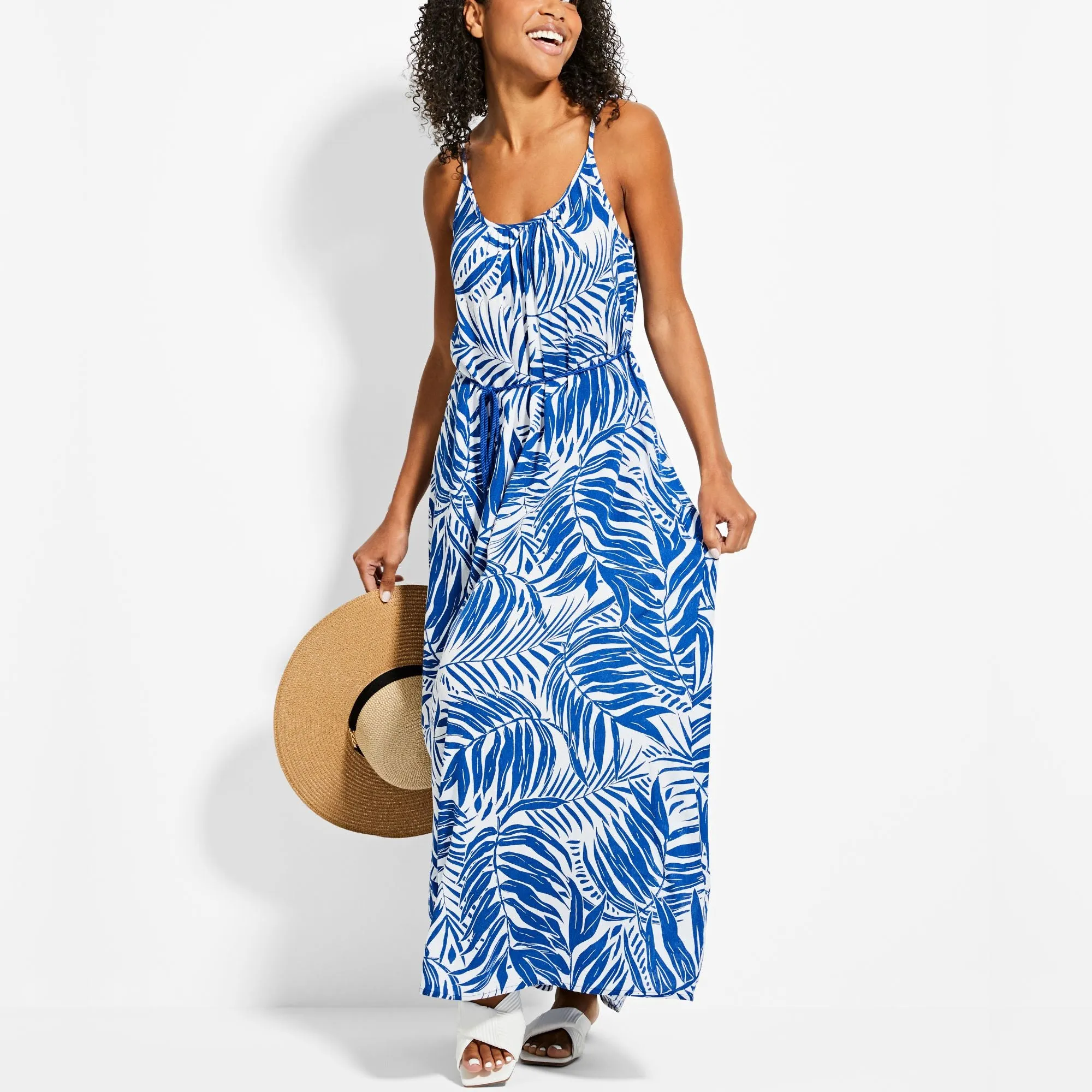 lily morgan Women's Tropical Printed Crinkle Maxi Dress with Rope Belt