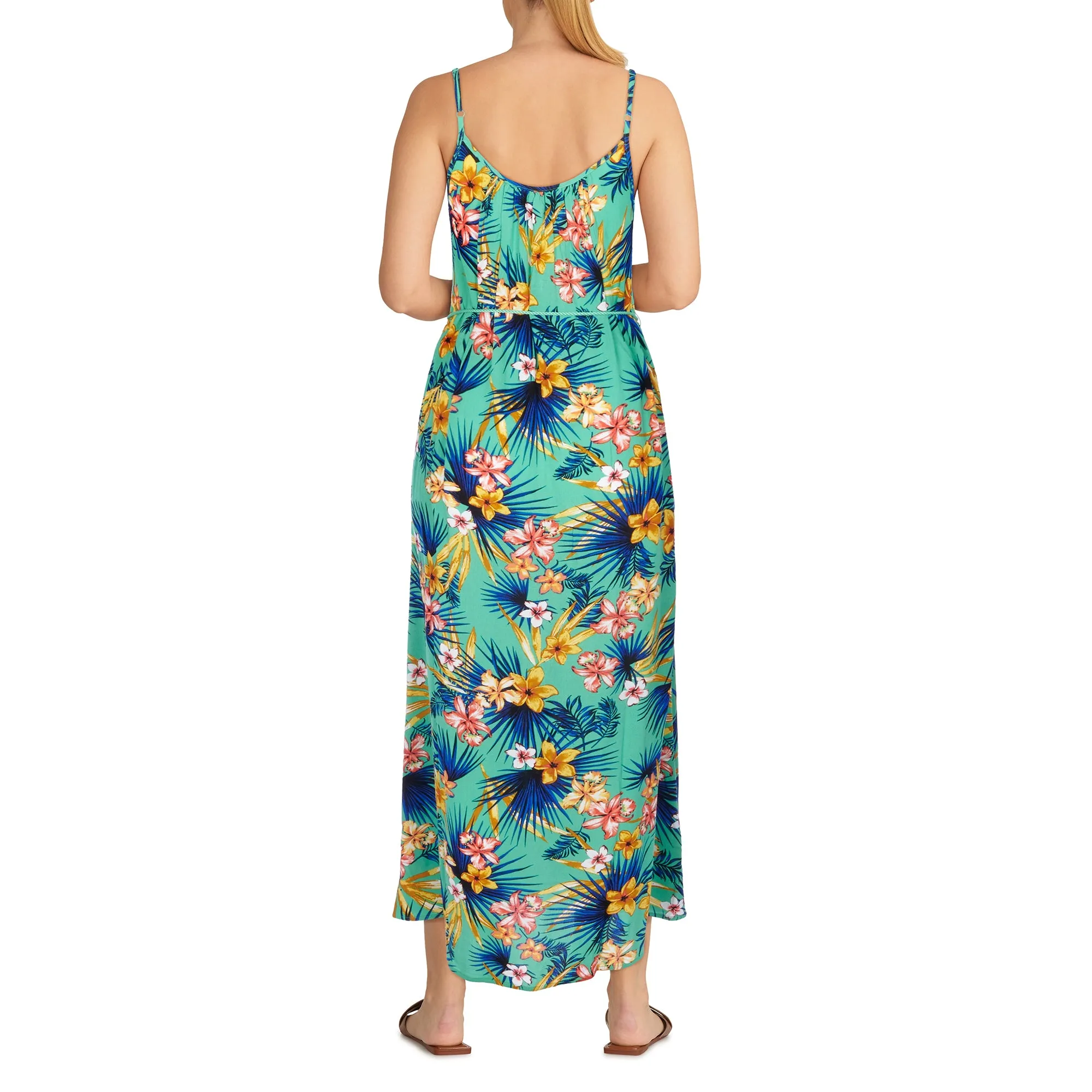 lily morgan Women's Tropical Printed Crinkle Maxi Dress with Rope Belt