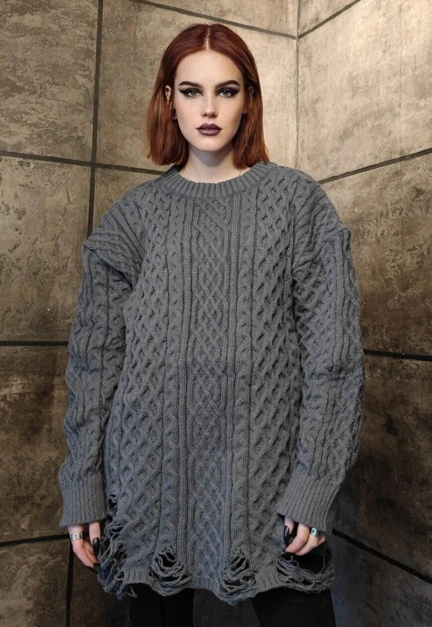 Ripped chunky sweater knitted distressed cable jumper grey