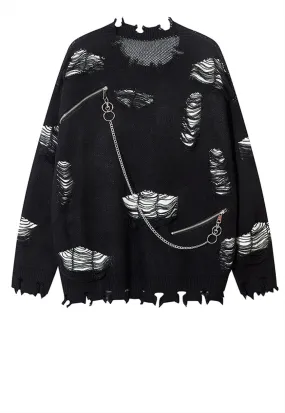 Ripped gothic sweater black shredded pattern chained jumper