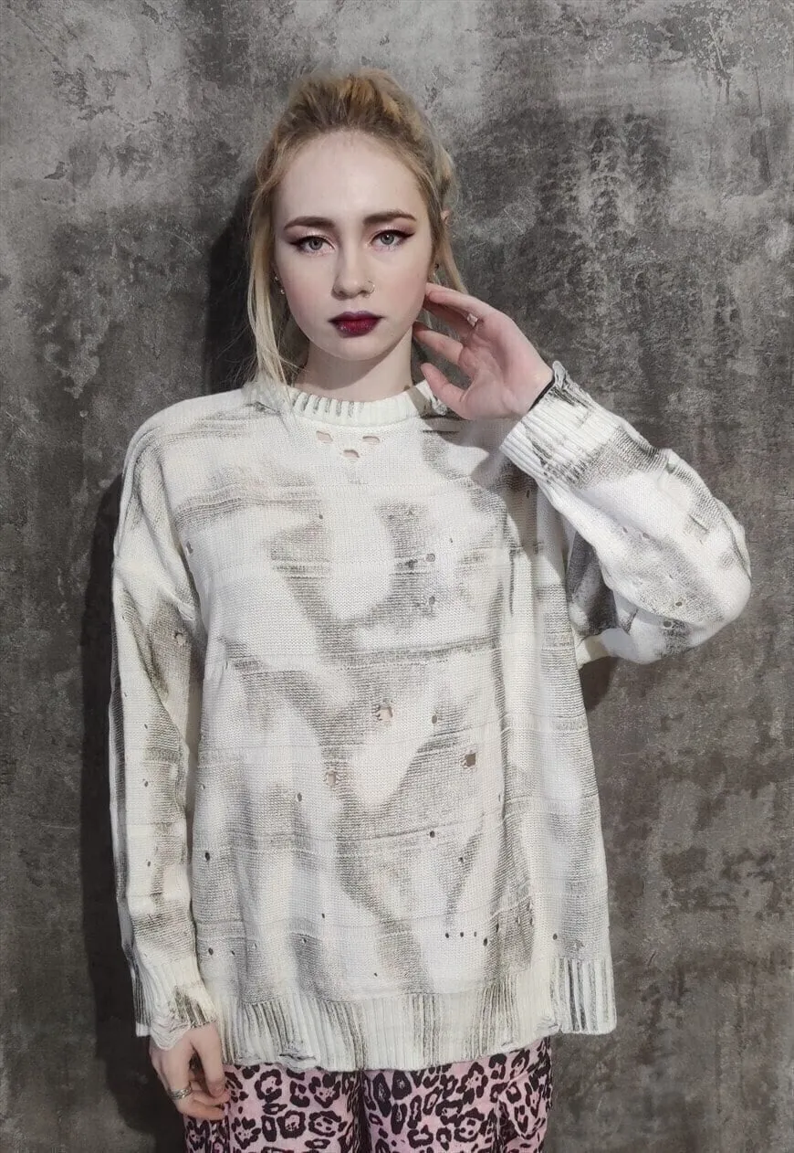 Ripped knitted sweatshirt distress knitwear jumper grey oil