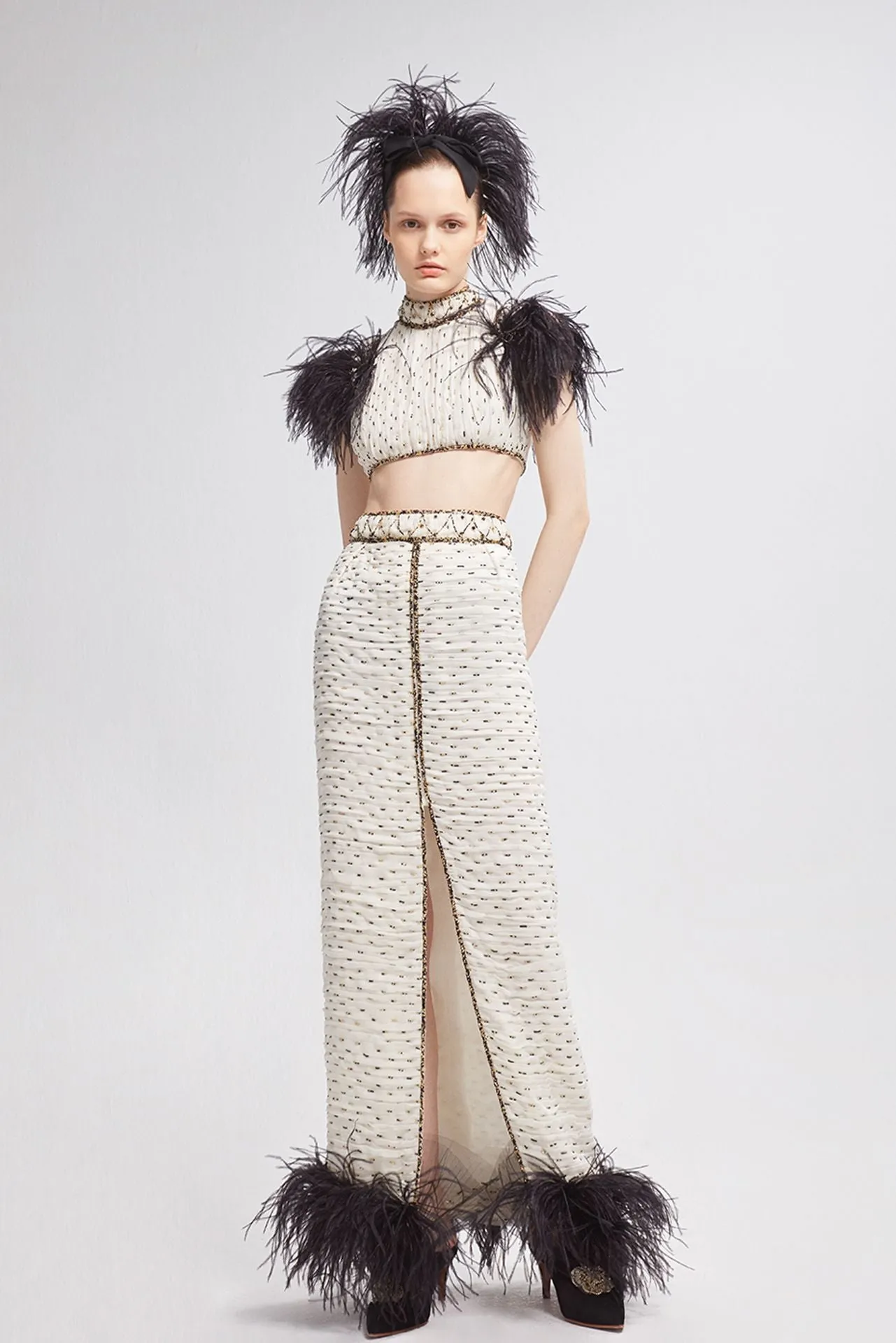 Silk Chiffon Embroidered Top and Skirt with Feathers