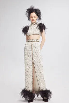 Silk Chiffon Embroidered Top and Skirt with Feathers