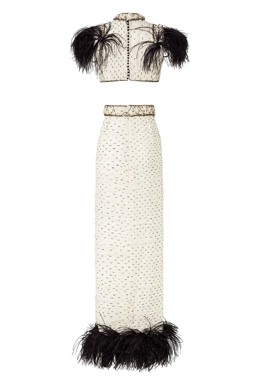 Silk Chiffon Embroidered Top and Skirt with Feathers