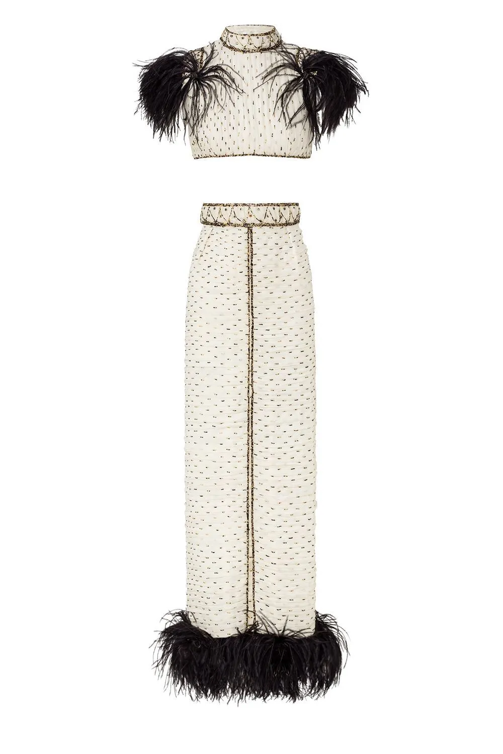 Silk Chiffon Embroidered Top and Skirt with Feathers