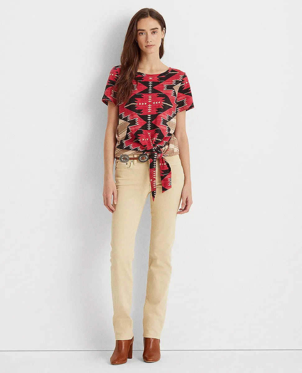 Southwestern-Print Tie-Waist Jersey Tee In Tan Multi