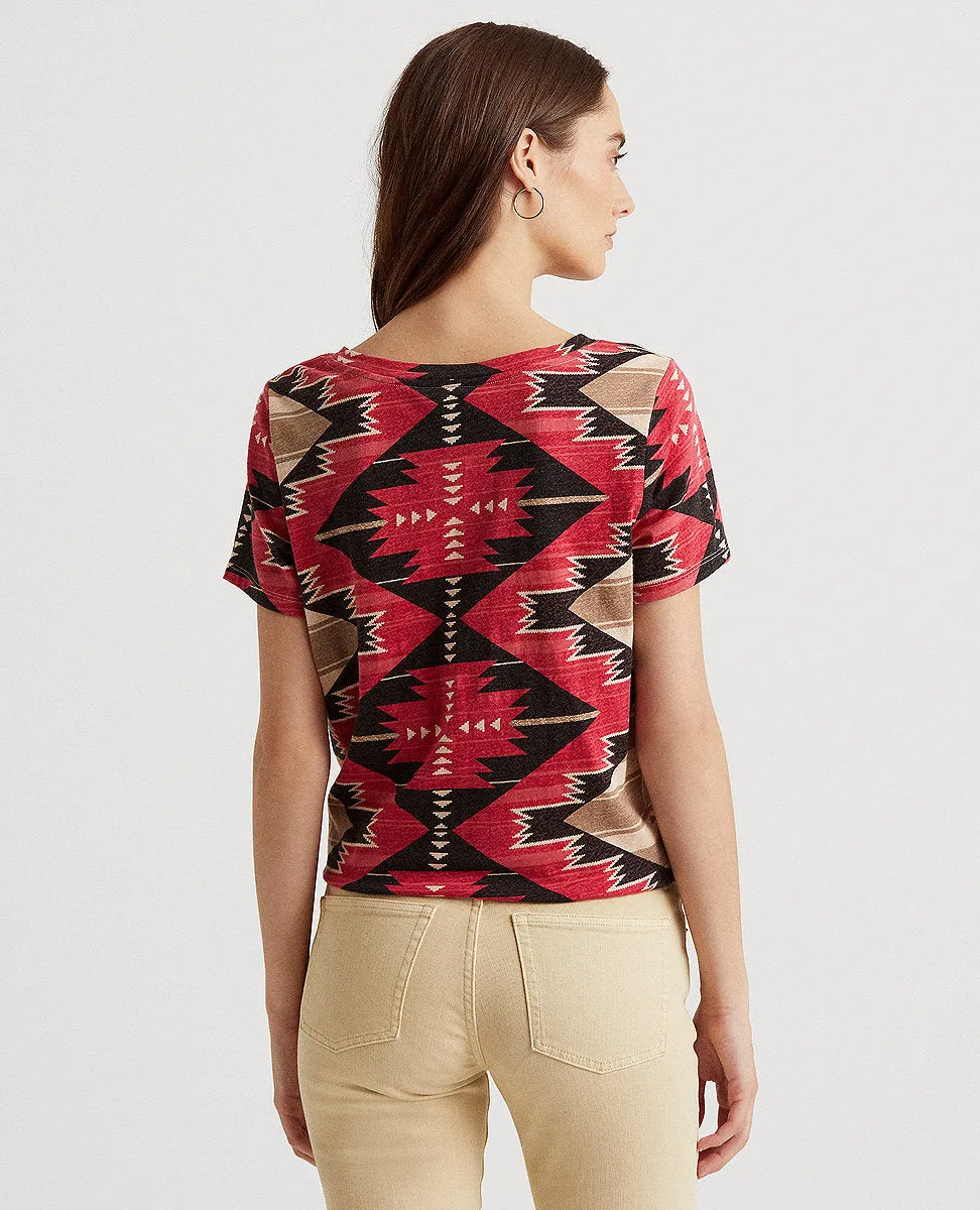 Southwestern-Print Tie-Waist Jersey Tee In Tan Multi