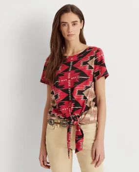 Southwestern-Print Tie-Waist Jersey Tee In Tan Multi