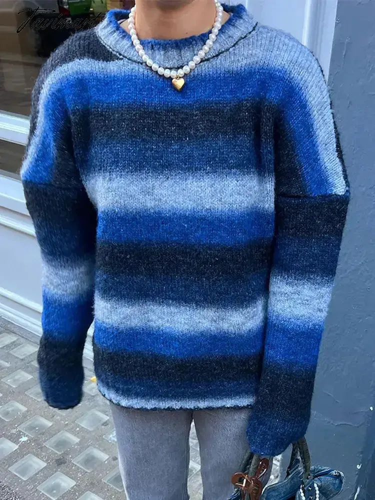 TAVIMART -  Blue Gradient Striped Long Sleeve Knitted Jumper Thicken Warm O-neck Women Pullover Top 2024 Female Spring Chic Commute Sweater