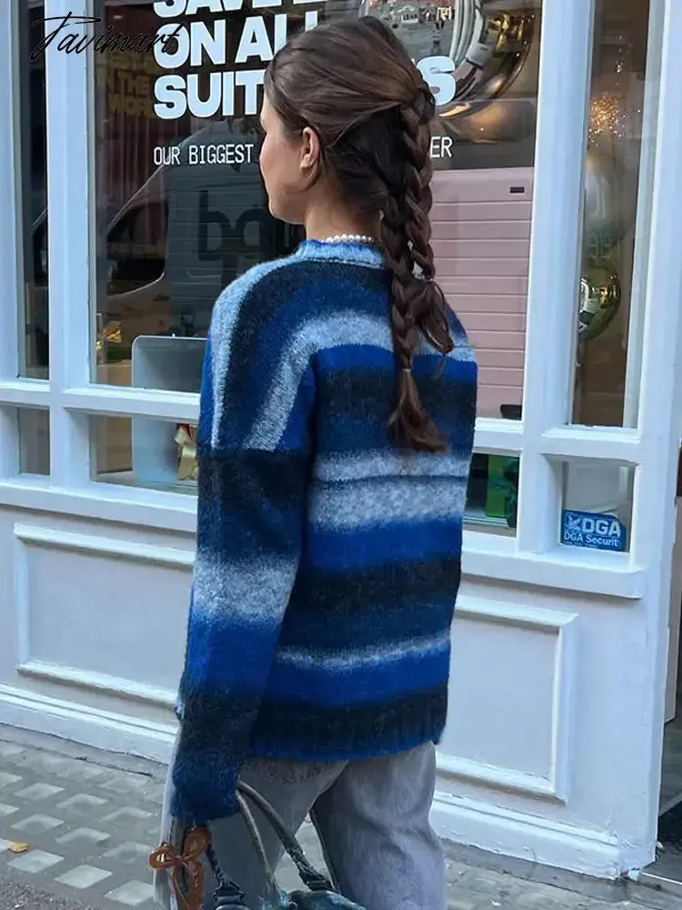 TAVIMART -  Blue Gradient Striped Long Sleeve Knitted Jumper Thicken Warm O-neck Women Pullover Top 2024 Female Spring Chic Commute Sweater