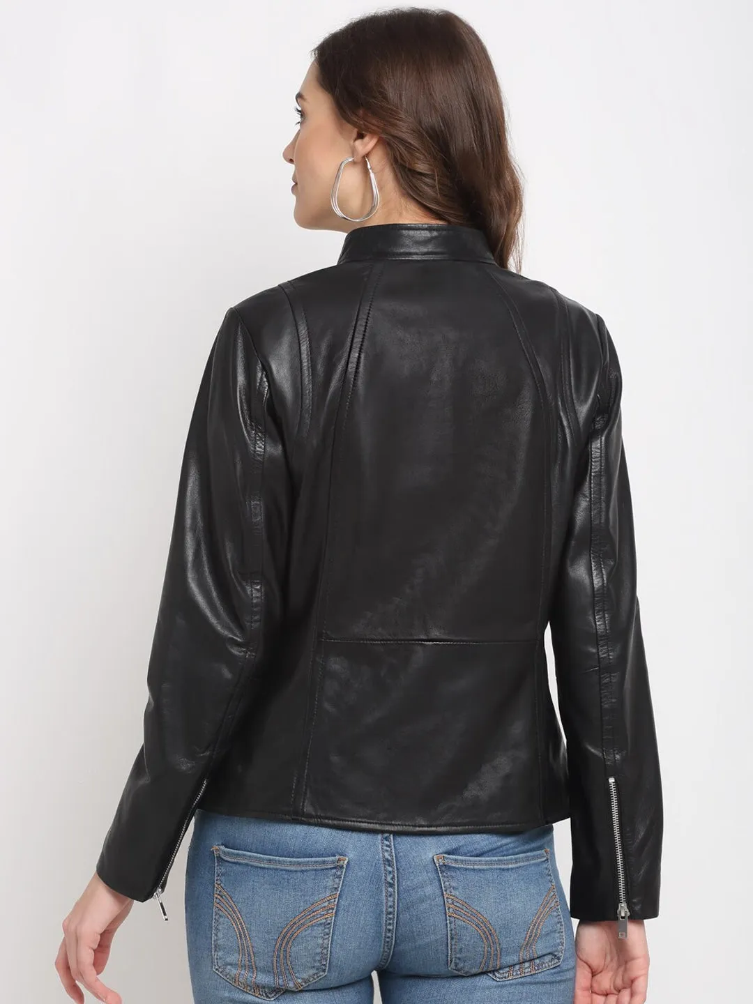 Women Black Leather Lightweight Biker Jacket | QAWACH