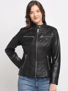 Women Black Leather Lightweight Biker Jacket | QAWACH