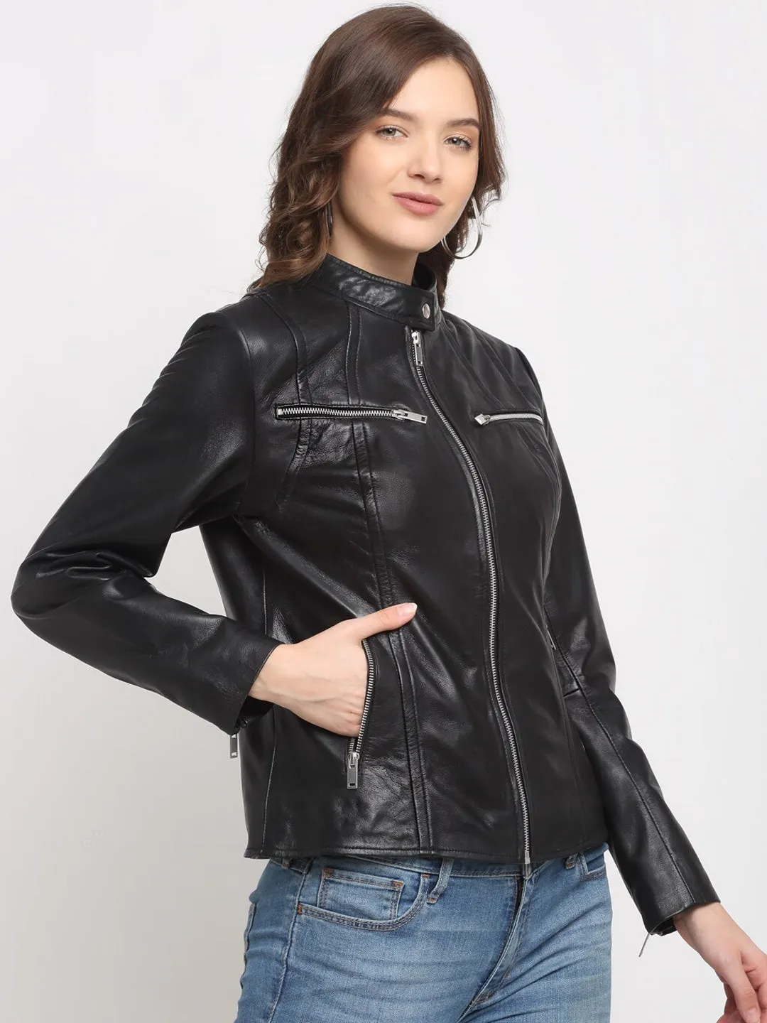 Women Black Leather Lightweight Biker Jacket | QAWACH