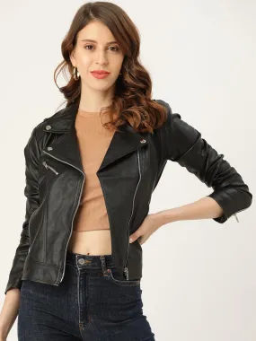 Women Black Solid Leather Biker Jacket | QAWACH