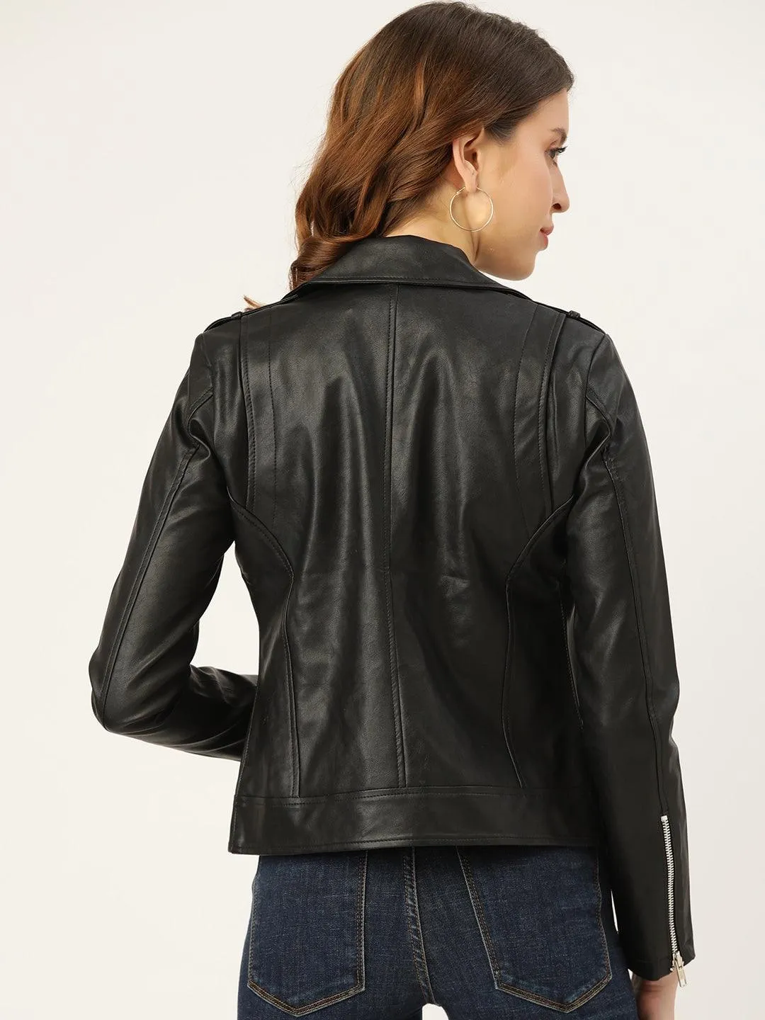 Women Black Solid Leather Biker Jacket | QAWACH